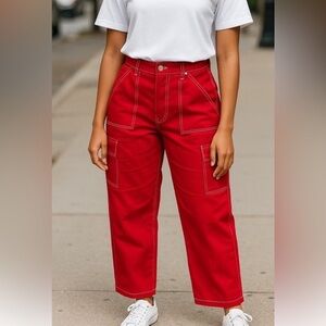 RACHEL PAIGE Y2K RED WIDE LEG RELAXED FIT CASUAL STREETWEAR CARGO PANTS SZ XL